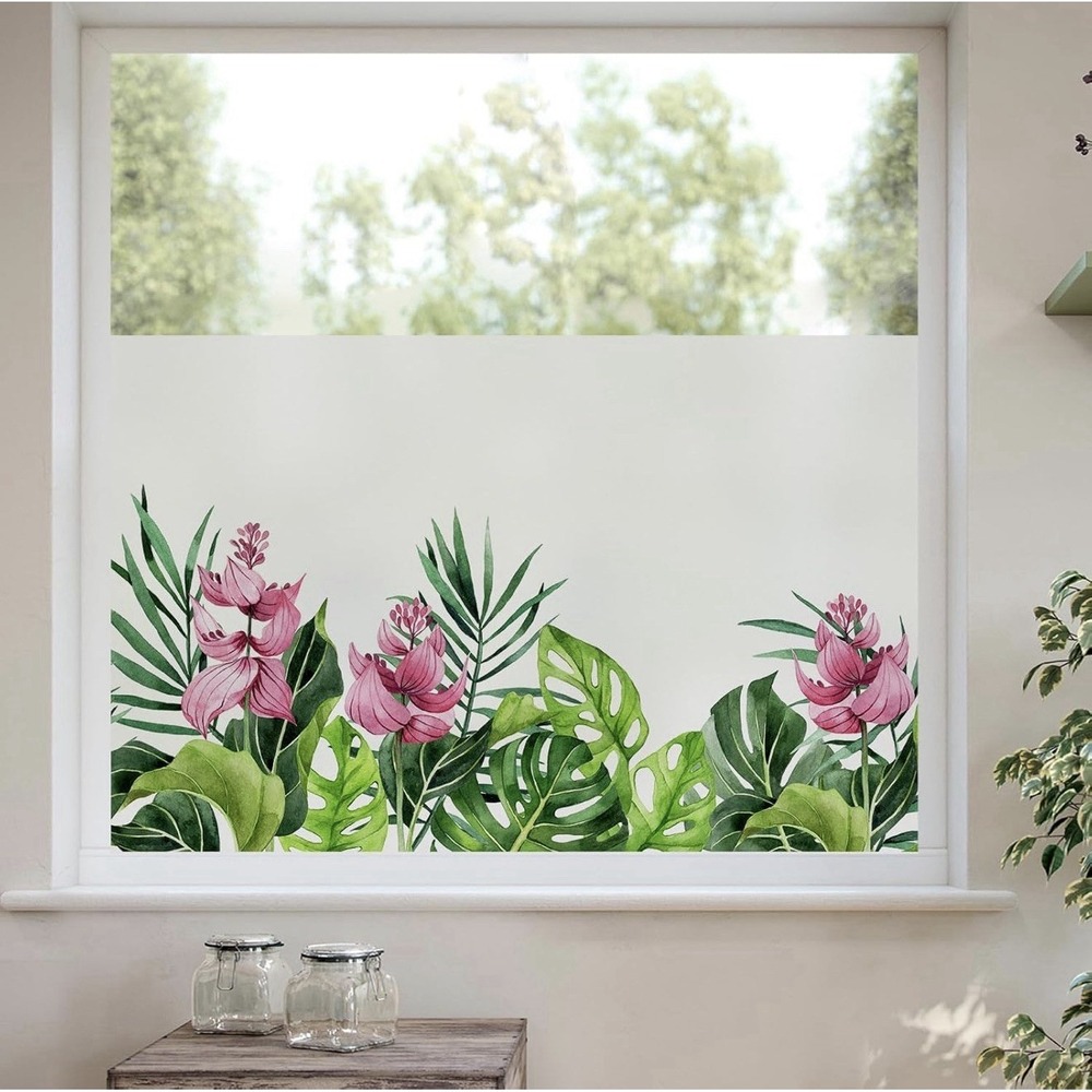 DKTIE Tropical Flowers Static Cling Window Film‎ Non-Adhesive, Frosted, Privacy